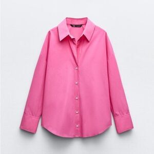ZARA Fuchsia Pink 100% Cotton Basic Poplin Button Down Shirt Size Small